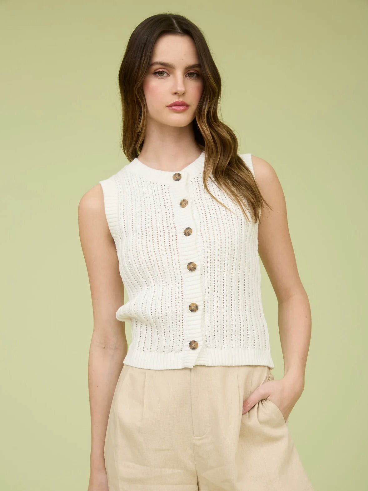 What A Night Button Down Sleeveless Knit Top Oatmeal