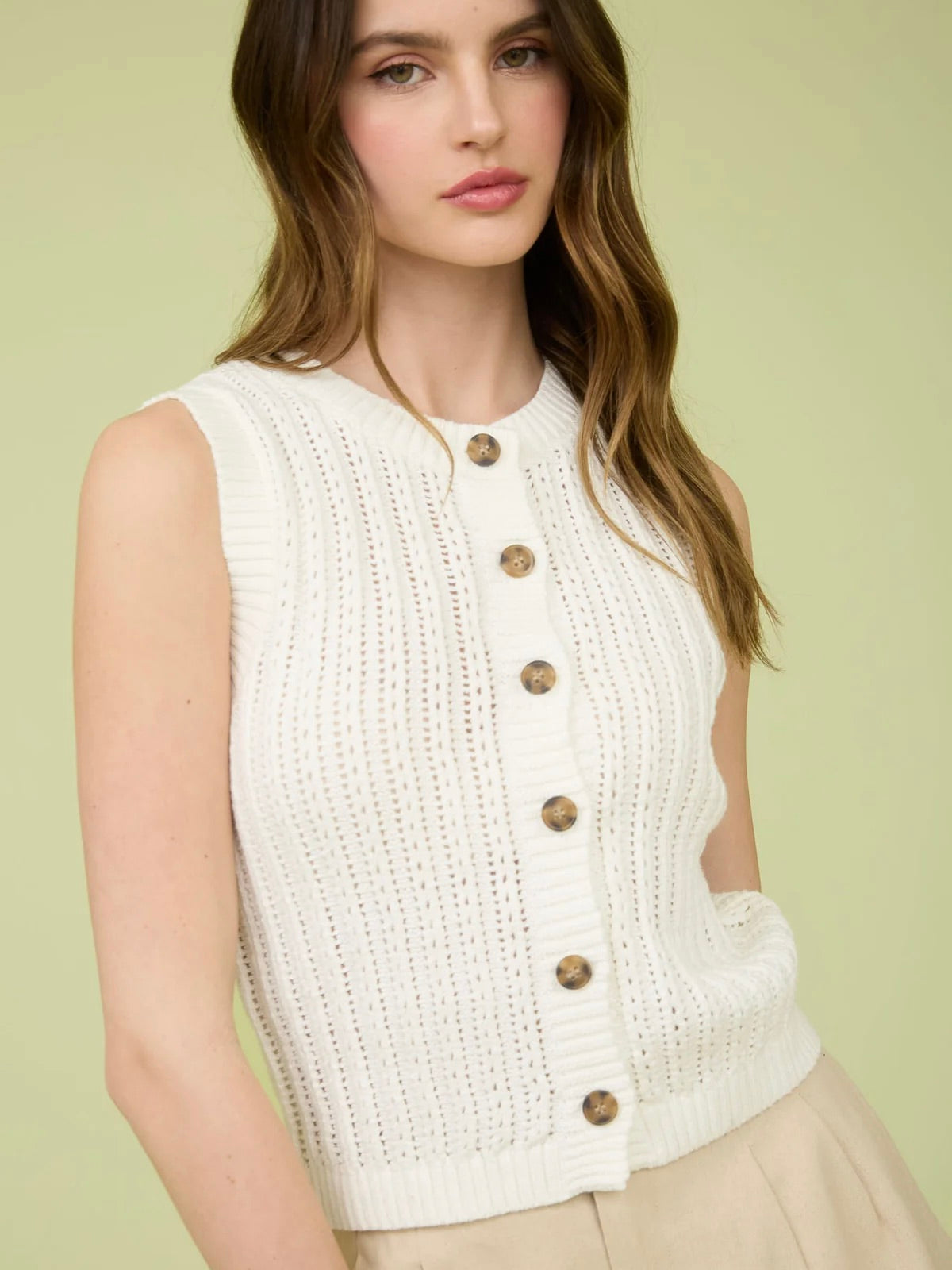 What A Night Button Down Sleeveless Knit Top Oatmeal