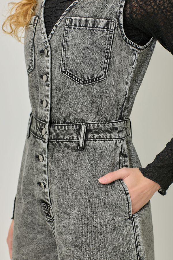 Stay Wild Sleeveless Denim Romper Acid Wash Black