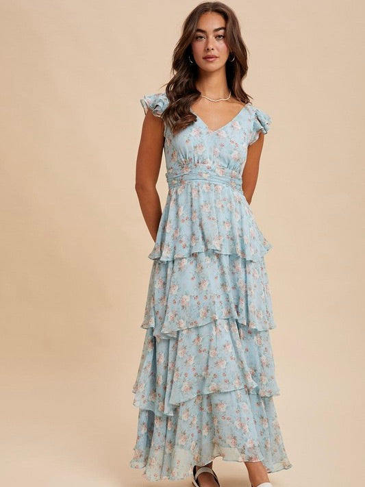 Summer Sunset Tiered Floral Chiffon Dress Dusty Teal