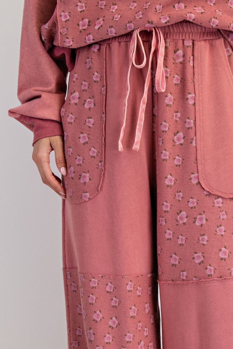 She's Chic Floral Patchwork Washed Terry Pants Dried Rose