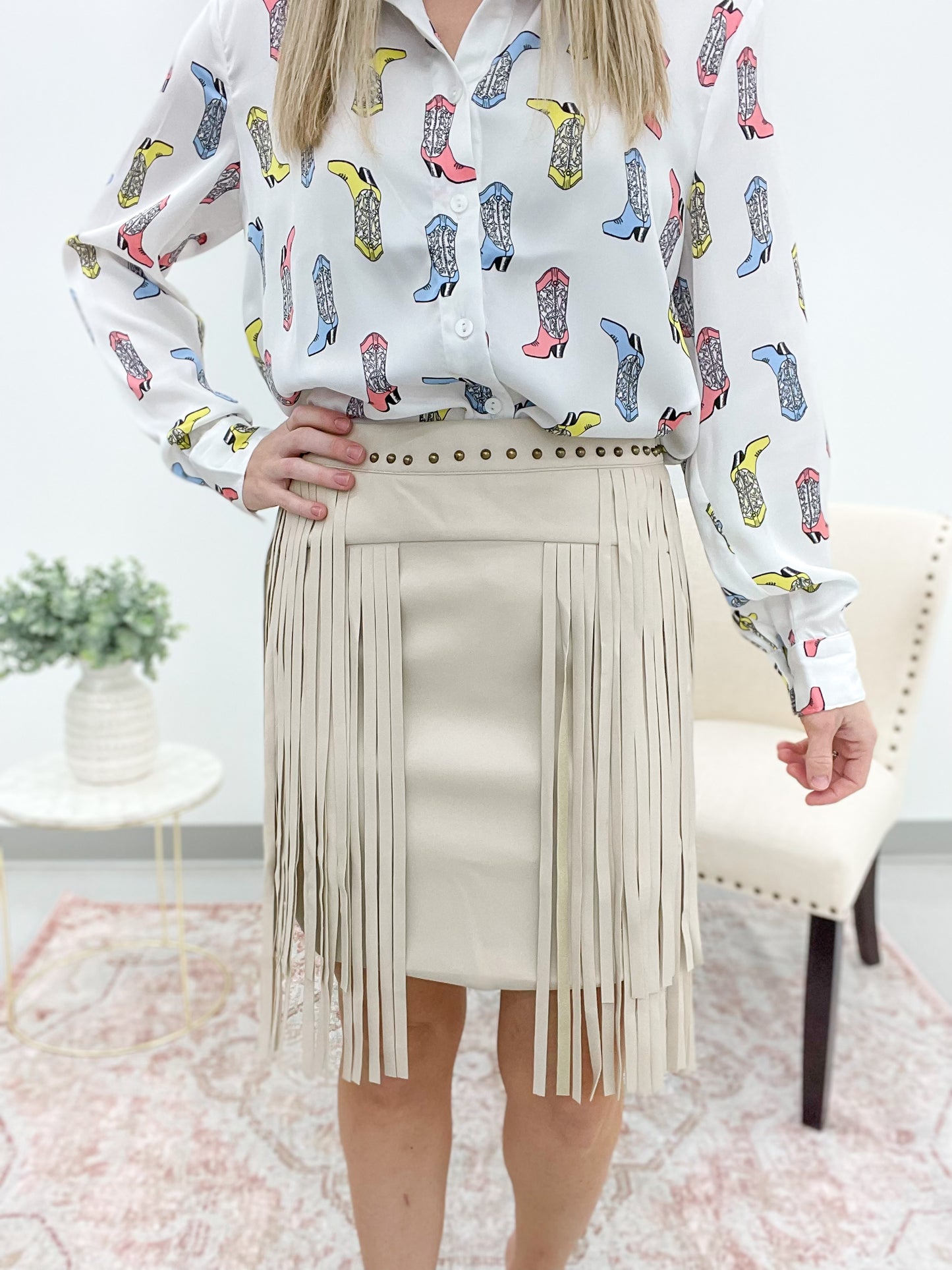 Country Roads Studded Fringe Skirt Sand
