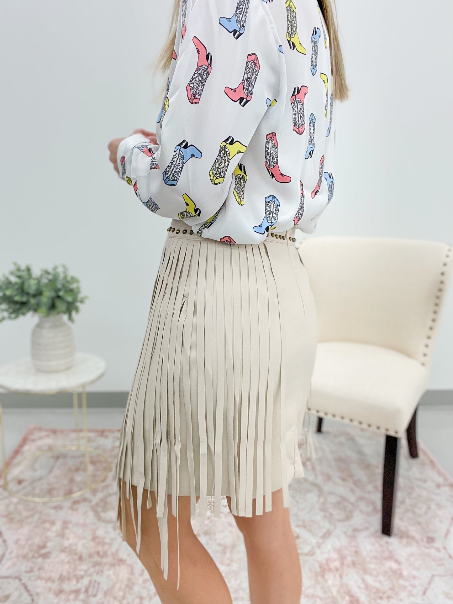 Country Roads Studded Fringe Skirt Sand