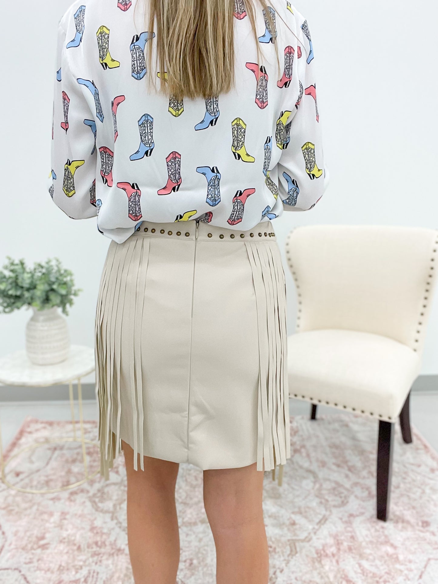 Country Roads Studded Fringe Skirt Sand