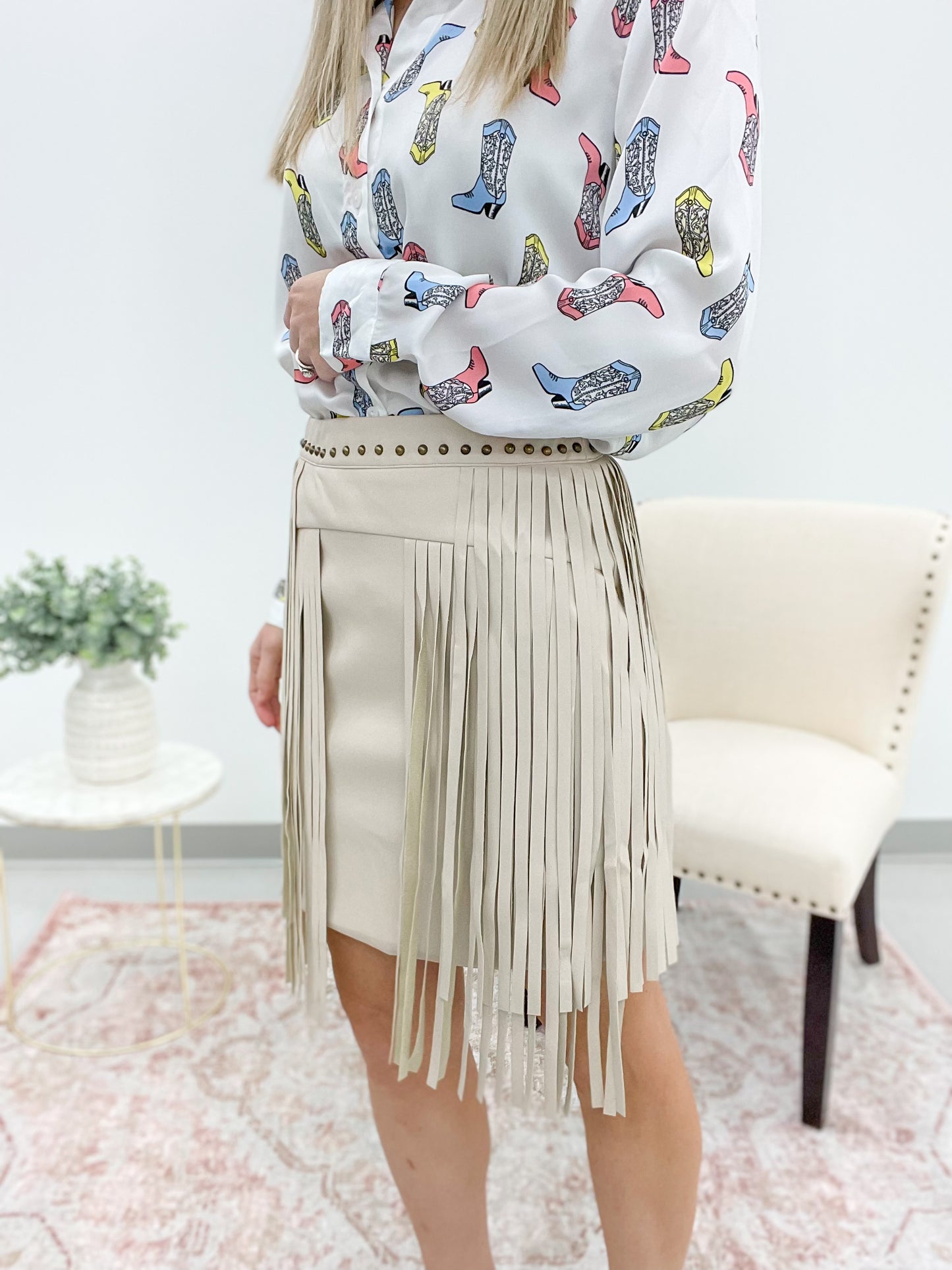 Country Roads Studded Fringe Skirt Sand Small