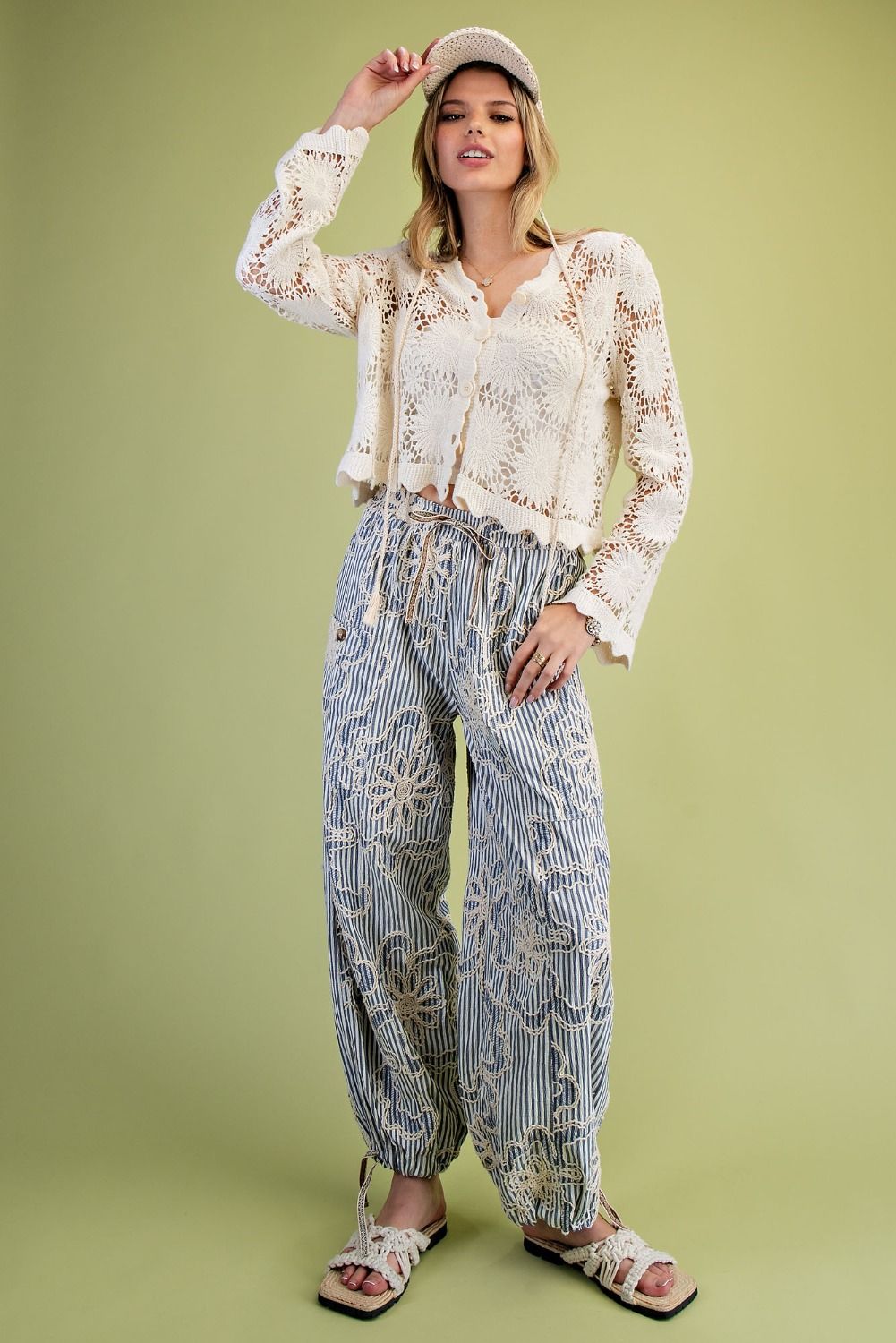 Free To Be Embroidered Striped Woven Pants Denim Blue
