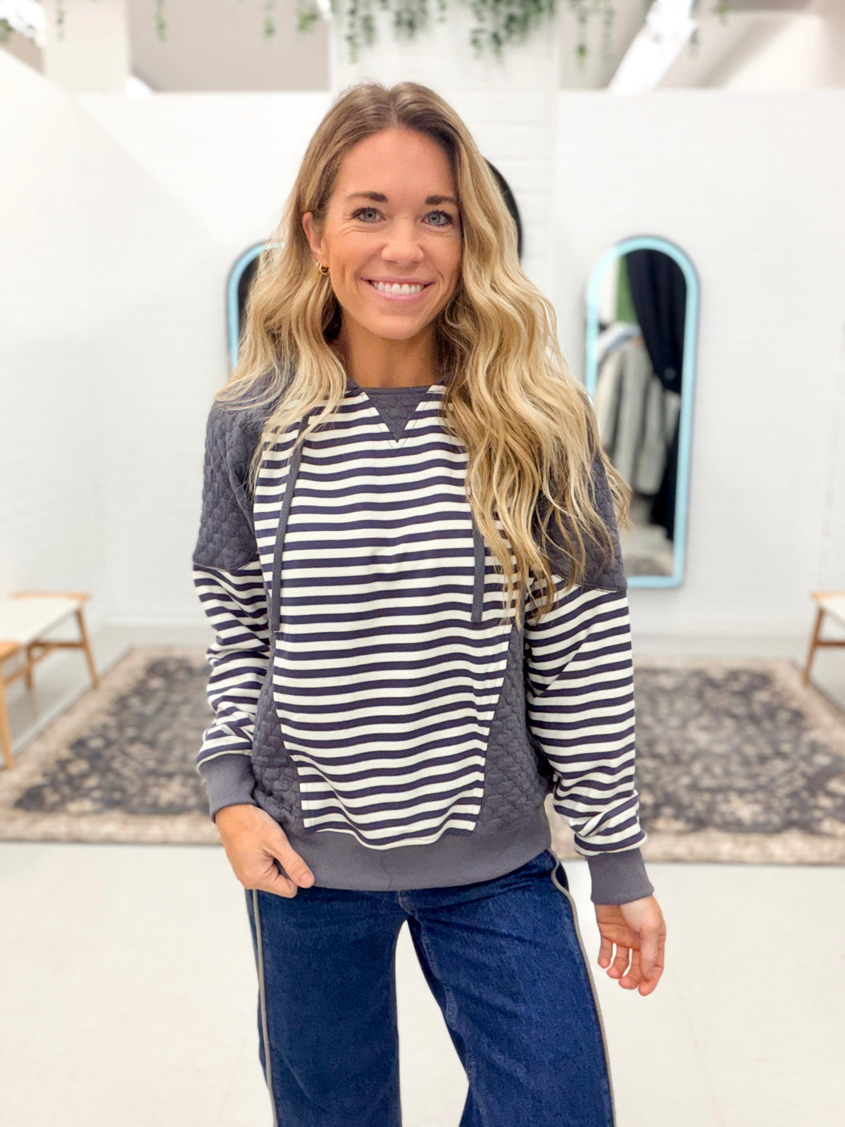 Mixed Up Stripe French Terry Quilted Pullover Navy
