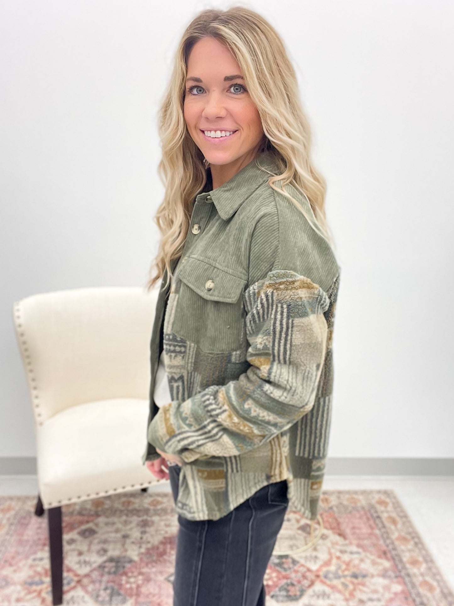 Take It In Fleece Corduroy Button Down Jacket Olive