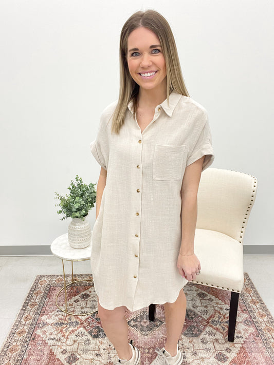 Barely There Button Up Shirt Dress Oatmeal