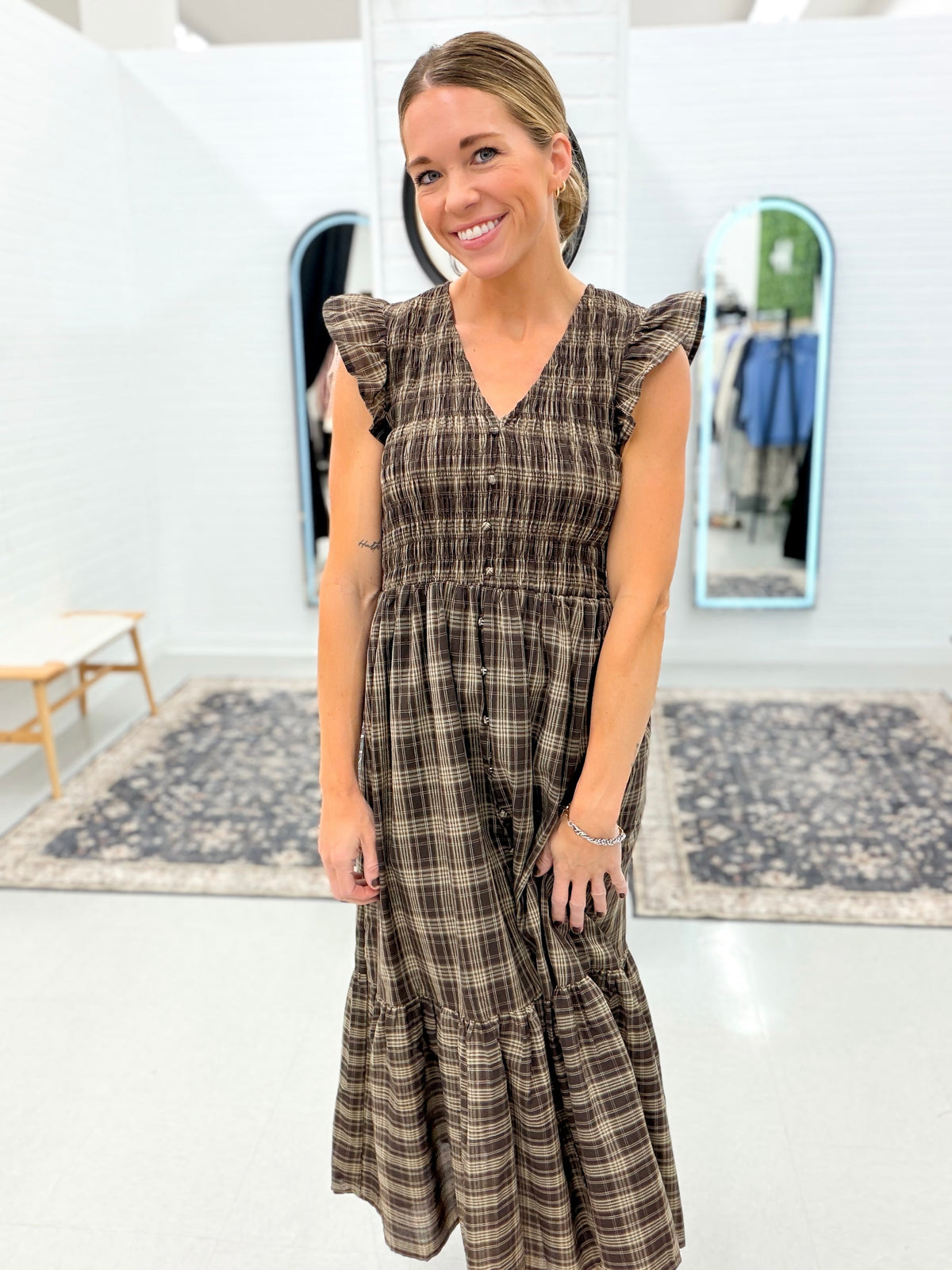 Pretty In Plaid Smocked Button Detail Ruffle Midi Dress Brown