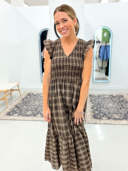 Pretty In Plaid Smocked Button Detail Ruffle Midi Dress Brown