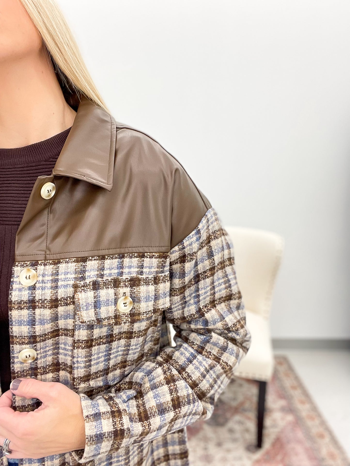 Be Still Mixed Plaid Leather Jacket Brown