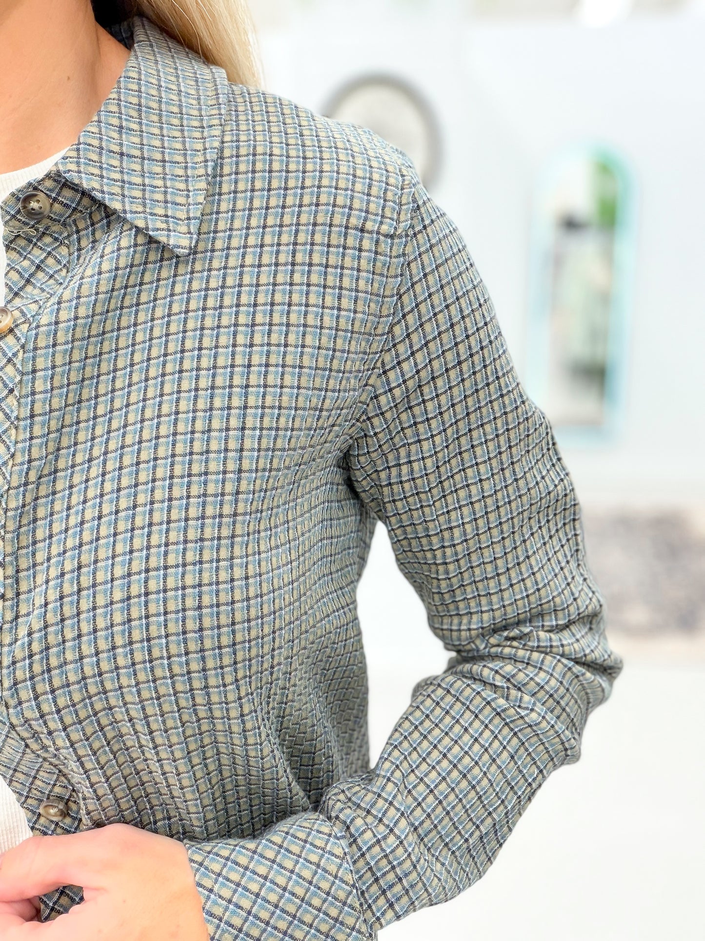 The Navigator Top Olive Teal Plaid