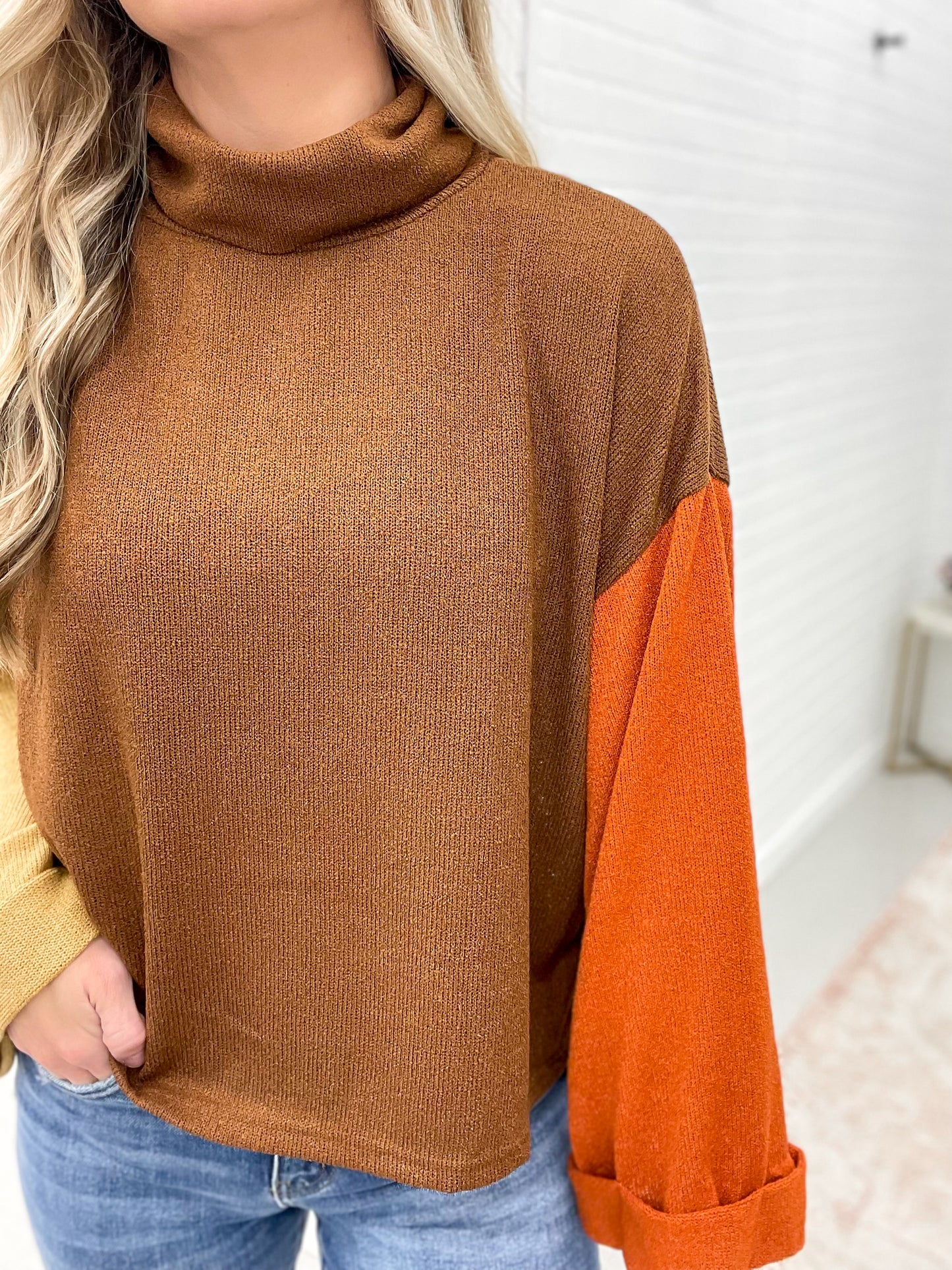 Giving Thanks Color Block Mock Neck Knit Sweater Brown