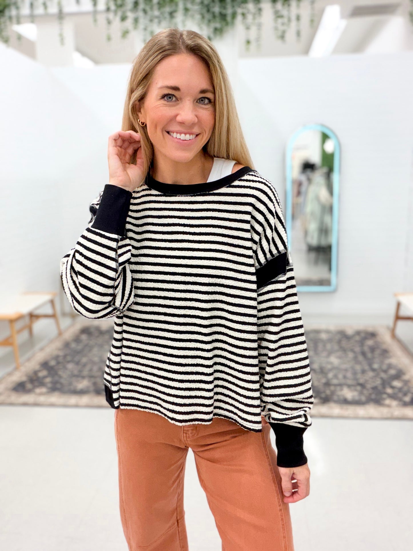 Never Know Stripe Contrast Back Cut-Out Detail Top Black