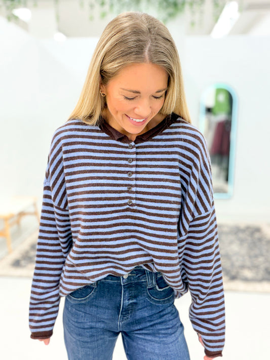 Last Time Button Henley Striped Sweater Chocolate/Blue