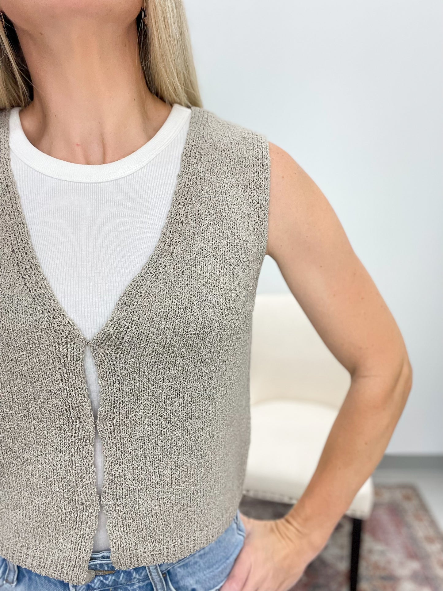 Stay Close Hook & Eye Knit Sweater Vest Tan