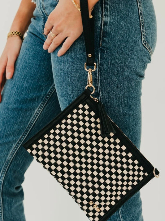 The Veda Woven Crossbody And Clutch Bag Checkered Black