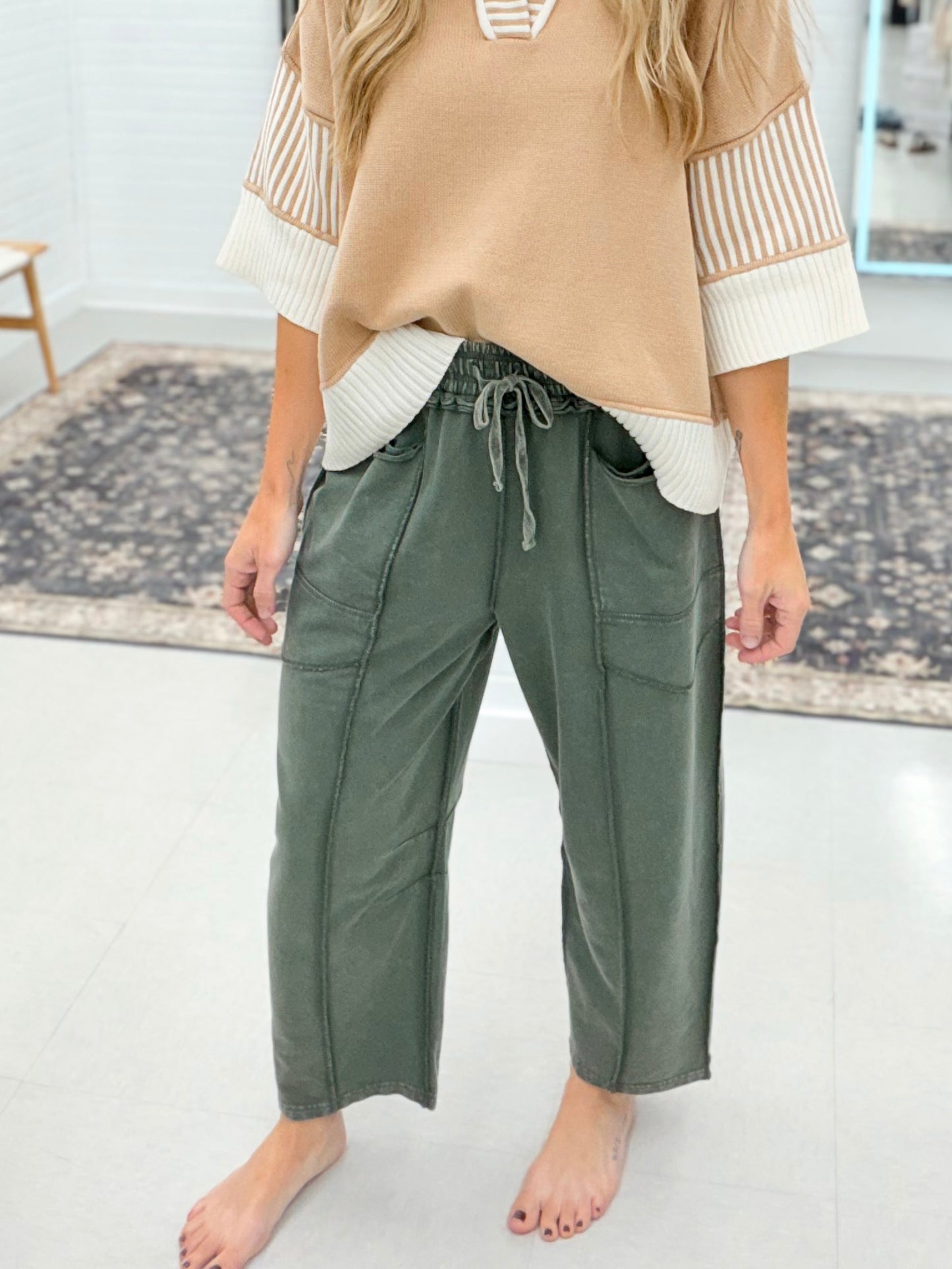On Time Mineral Wash Terry Knit Barrel Pants Pine Green
