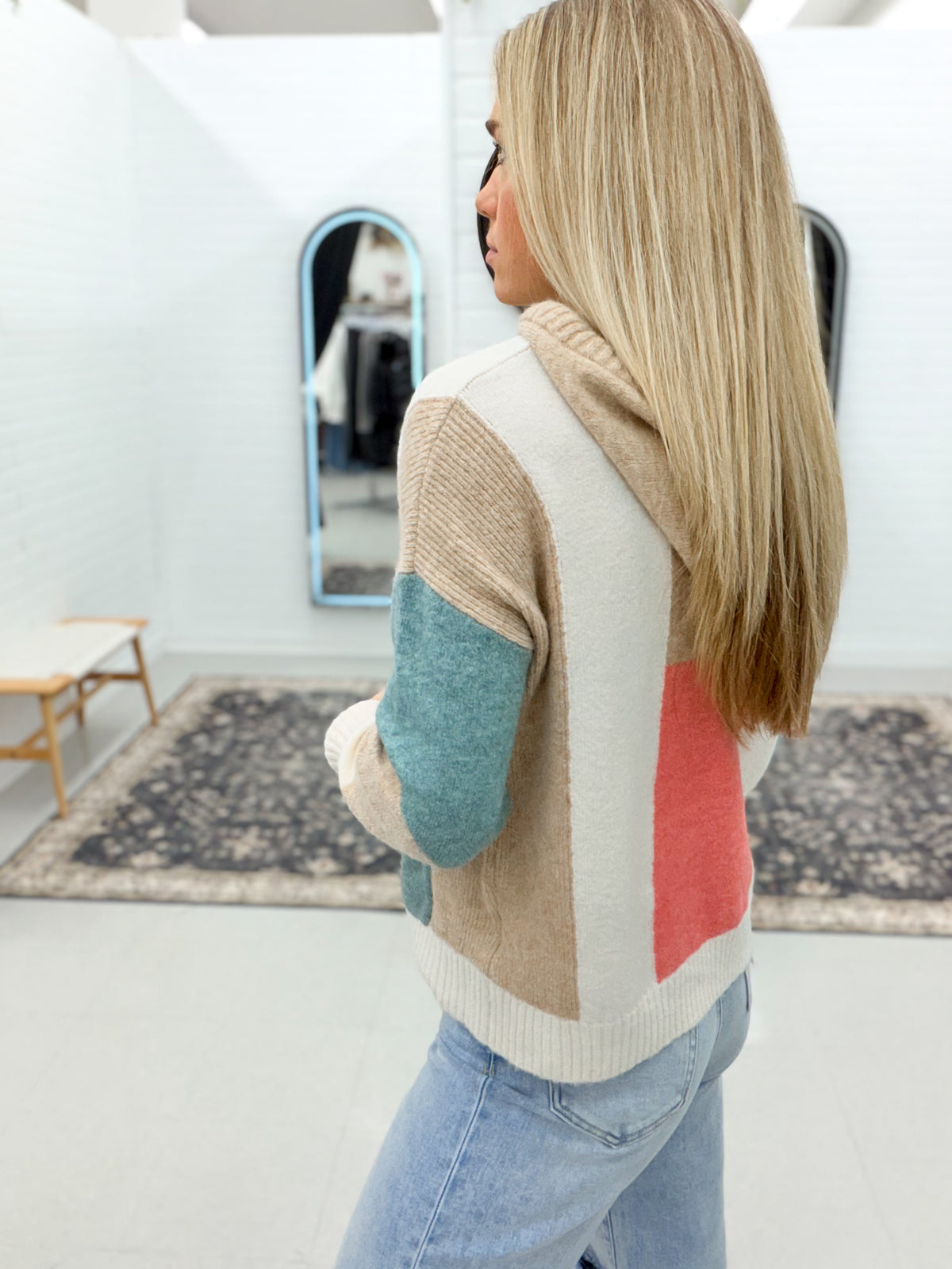 Time Tells Color Block Hooded Sweater Taupe/Blue