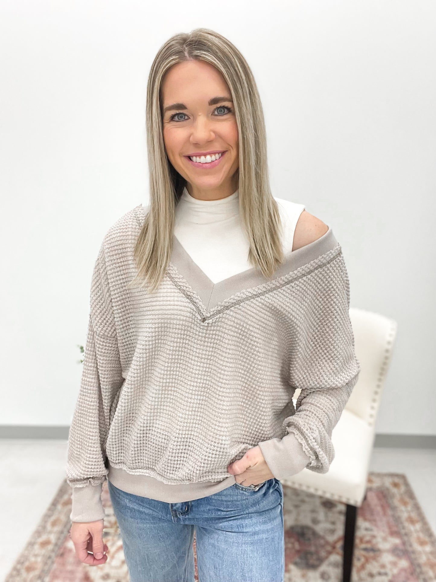 Here We Go V-Neck Waffle Knit Top Ash