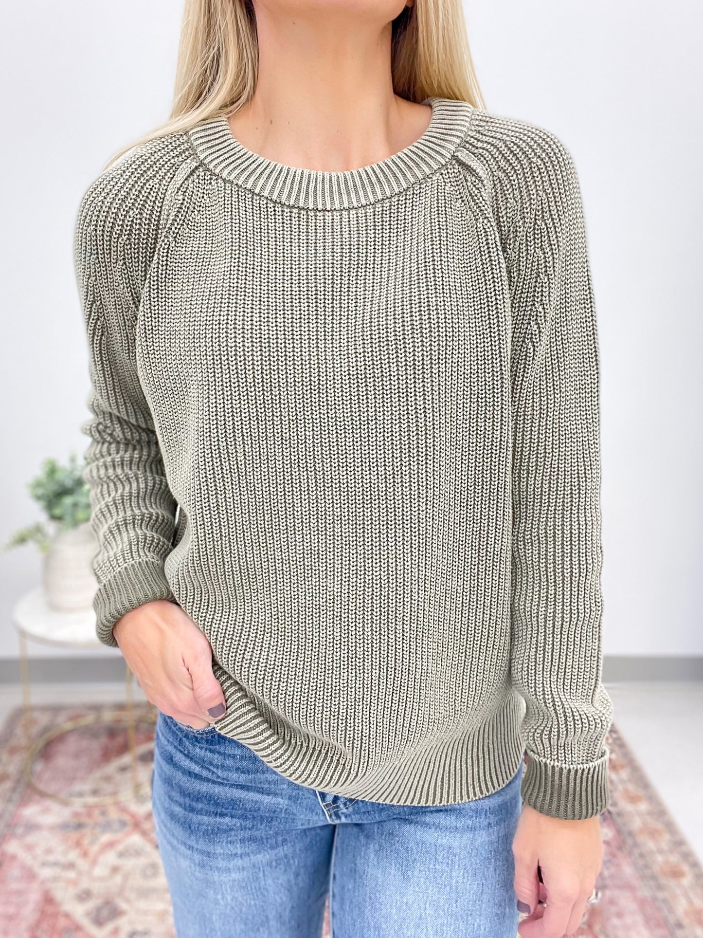 True Self Washed Knit Sweater Olive