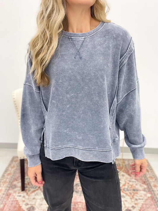 Carry On Washed Exposed Seam Detail Top Blue