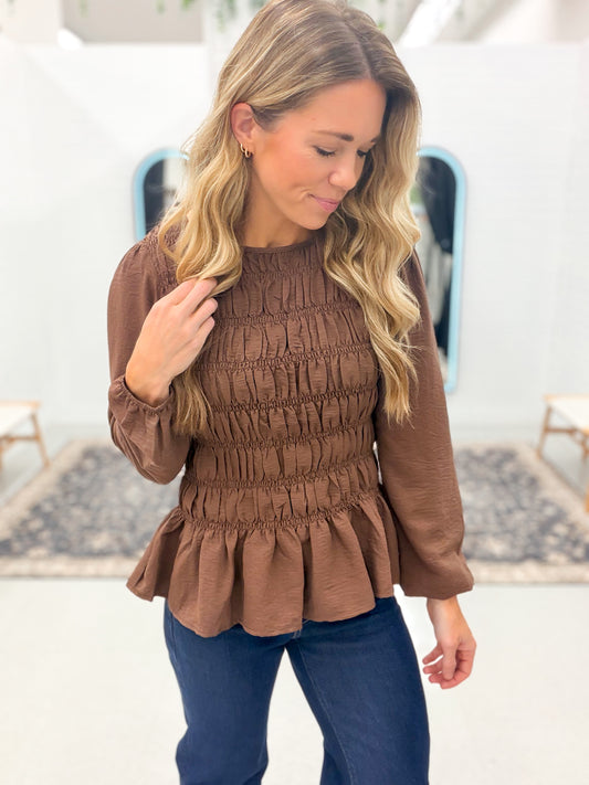 Fall Back Smocked Peplum Blouse Brown