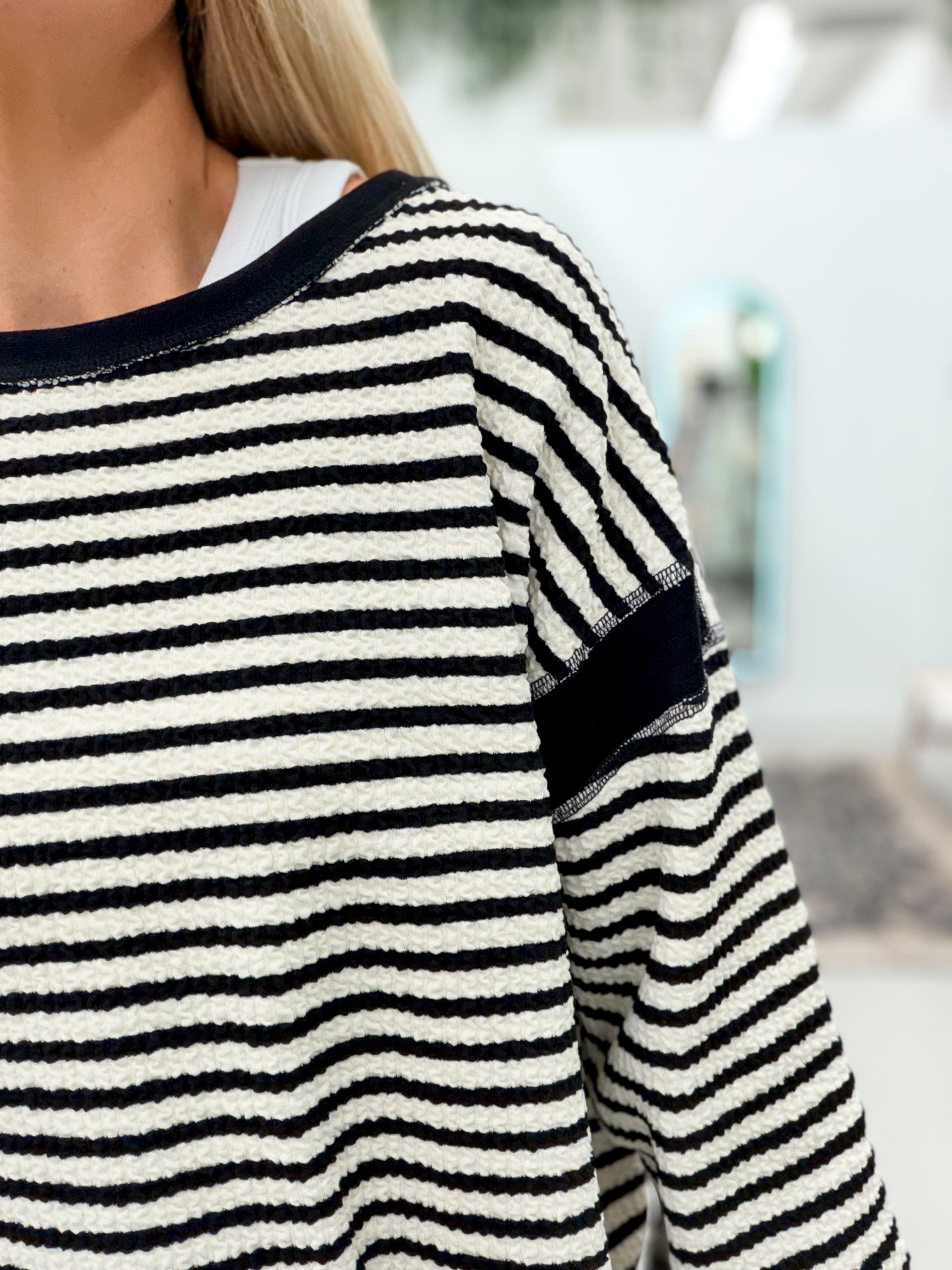 Never Know Stripe Contrast Back Cut-Out Detail Top Black