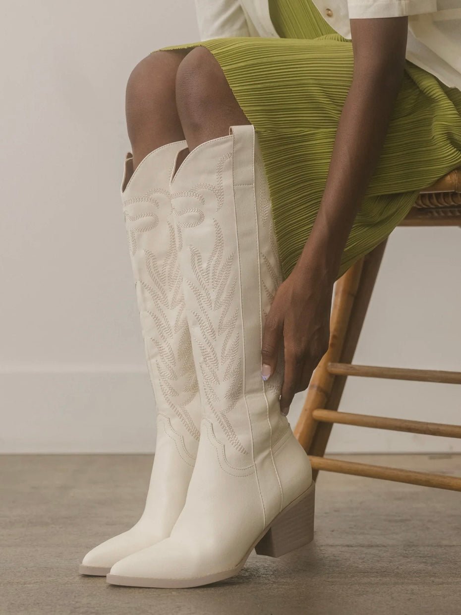 The Samara White Embroidered Tall Boots