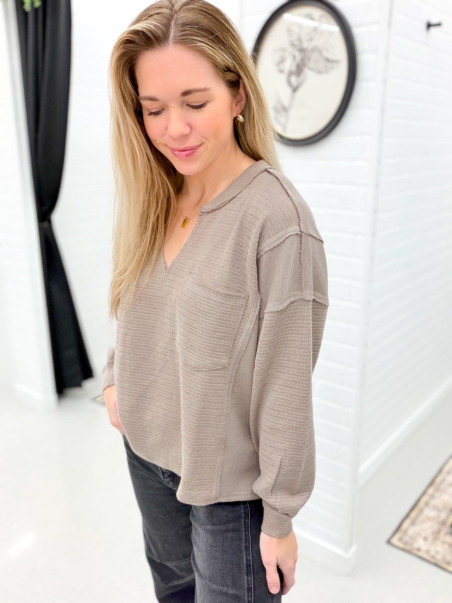 Still Got It Split V Neck Knit Top Light Mocha