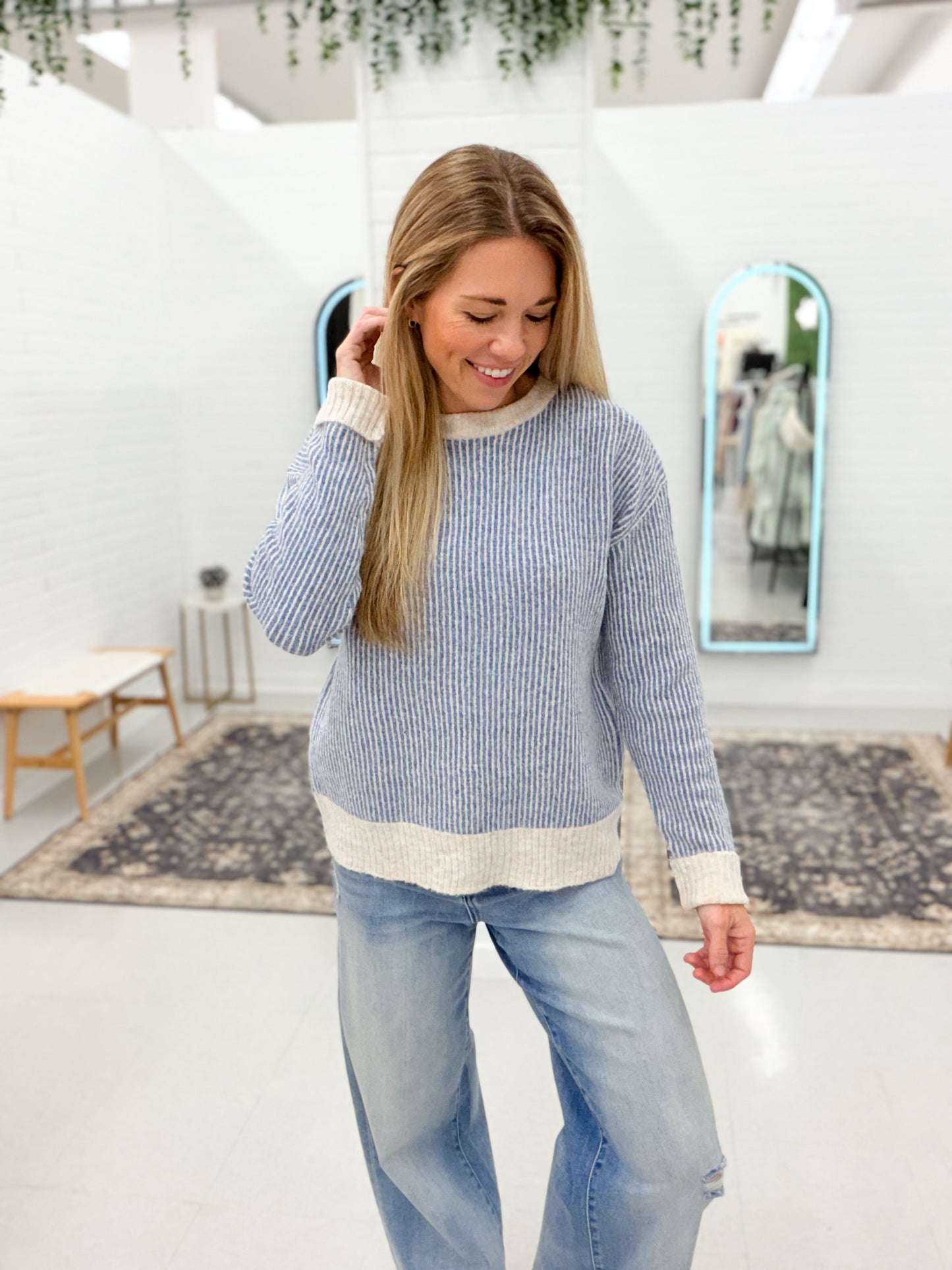 Keep Up Ribbed Pullover Sweater Blue