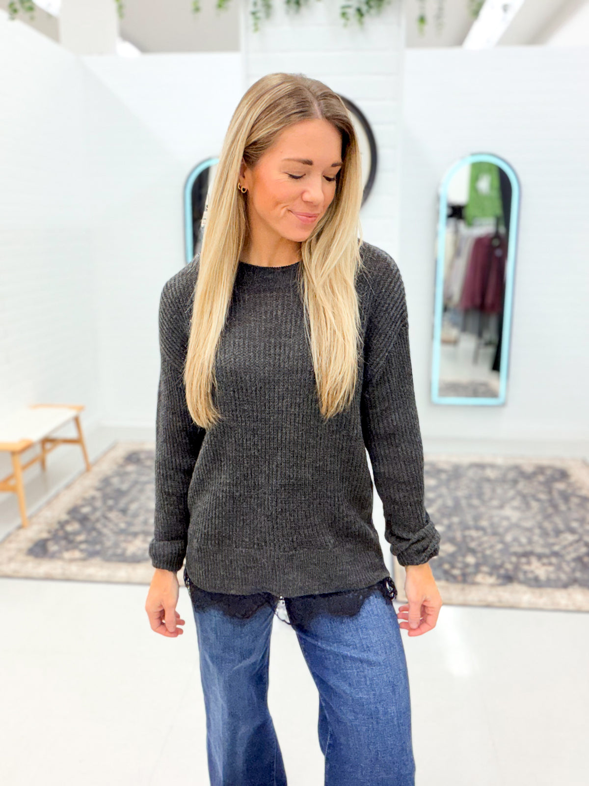 Never Ending Crewneck Lace Trim Sweater Charcoal