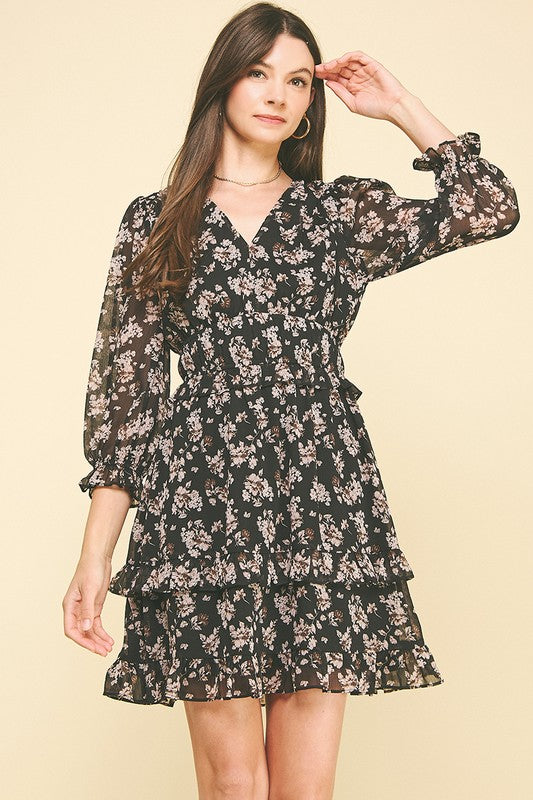 Little More You Floral Chiffon Dress Black