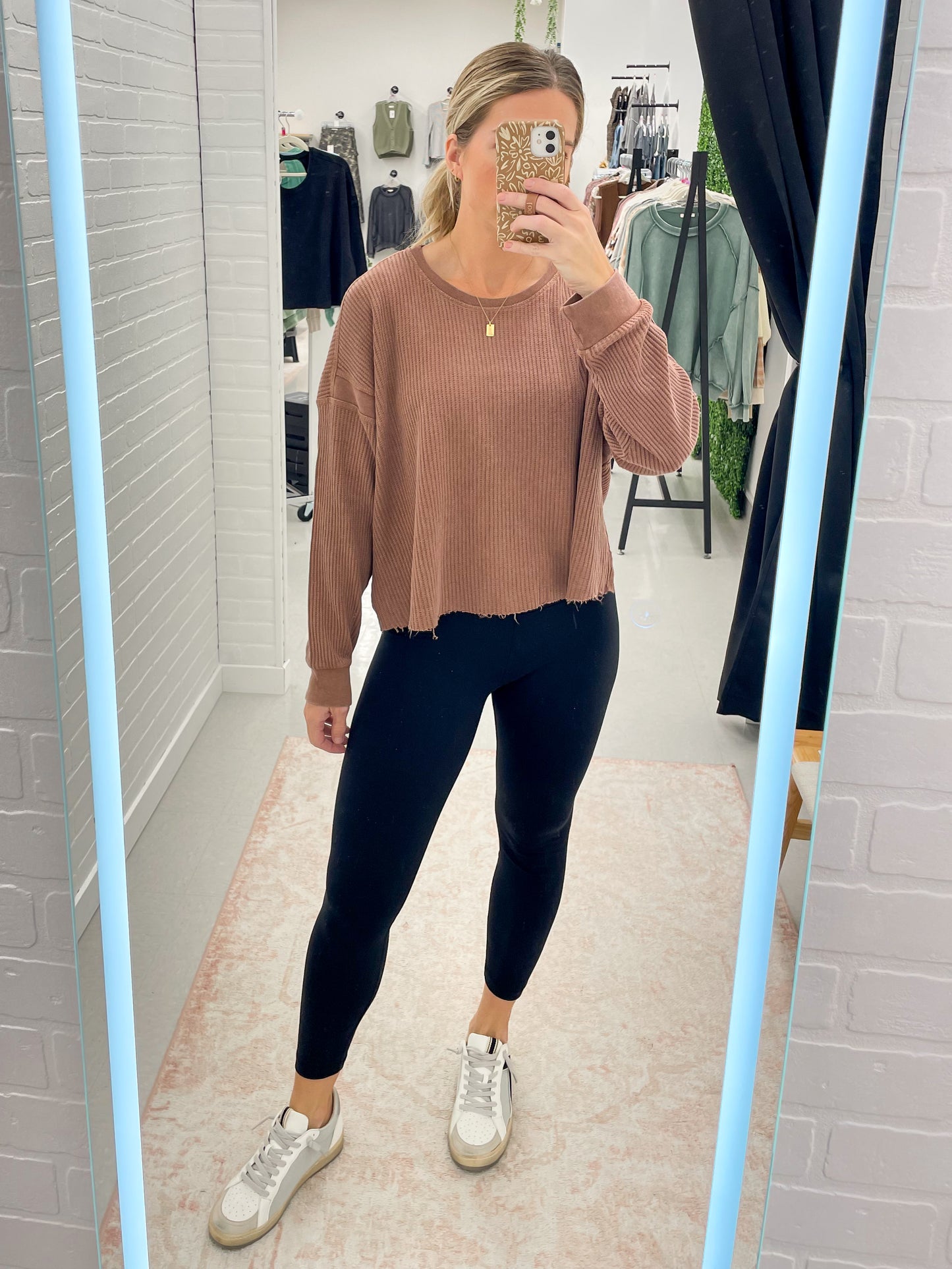 Her Time Waffle Knit Open Back Long Sleeve Top Chestnut