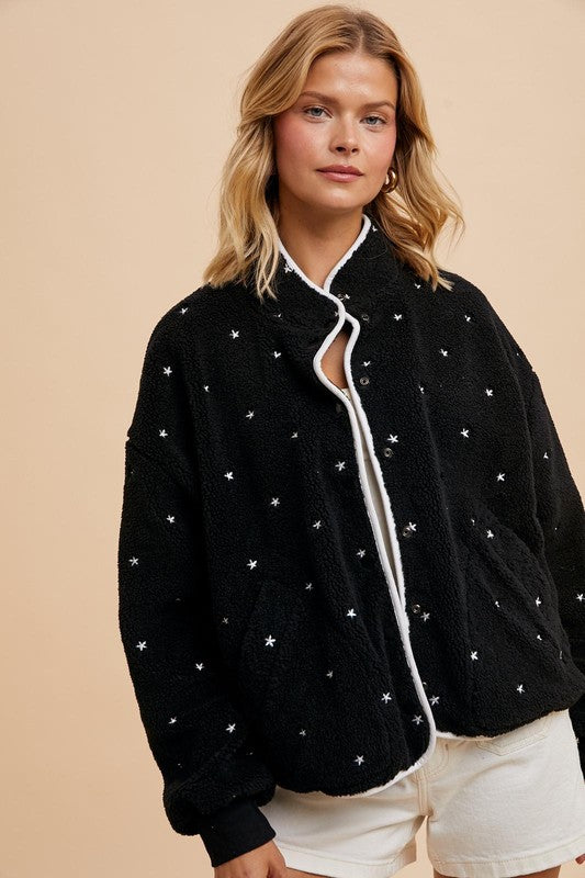 The Sadie Star Embroidered Fleece Jacket Black