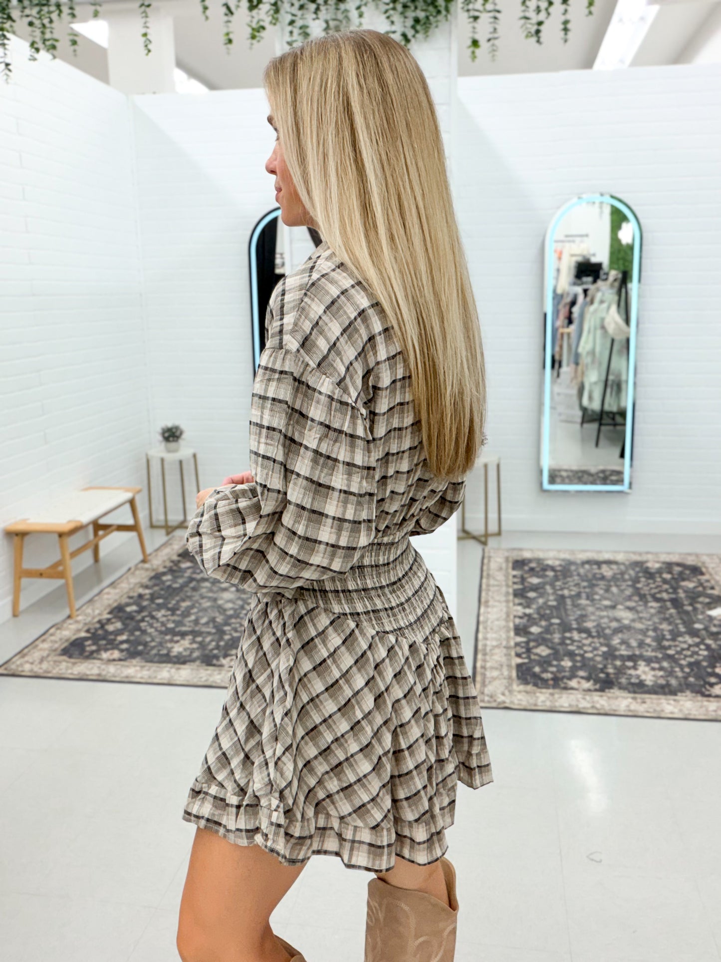With You Plaid Collared Basque Waist Mini Dress