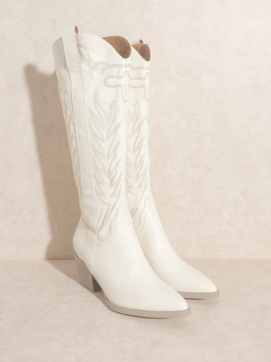 The Samara White Embroidered Tall Boots