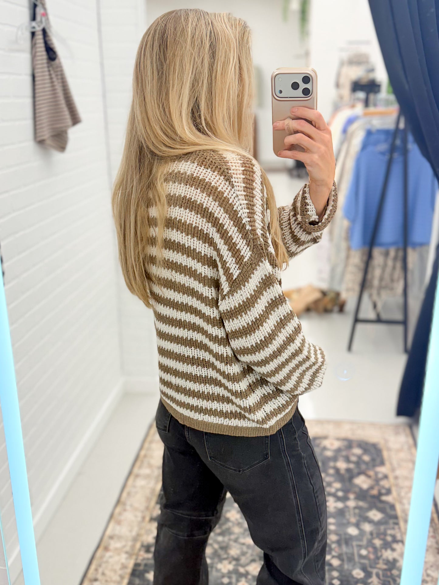 Never Ending Split Neck Knit Stripe Sweater Mocha