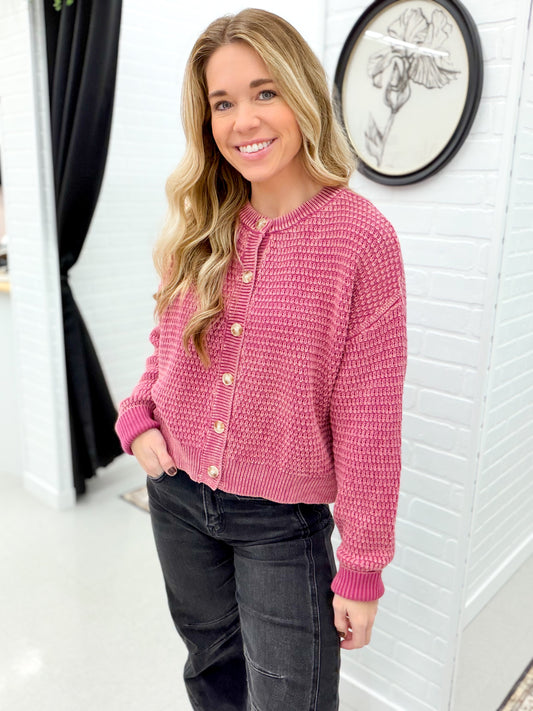 Looking Back Mineral Wash Cable Knit Button Cardigan Fuchsia