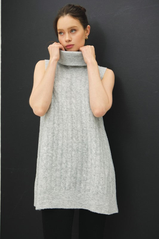Good Day Cable Knit Cowl Neck Sleeveless Sweater Tunic Gray