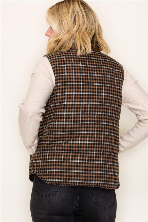 Around Here Plaid Puffer Vest Brown Mix
