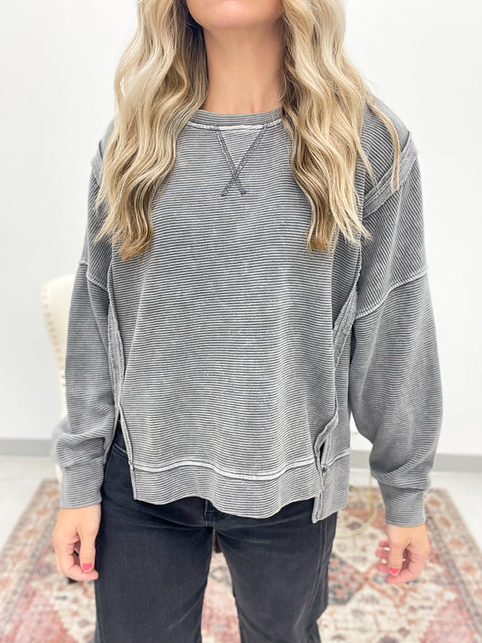 Carry On Washed Exposed Seam Detail Top Charcoal