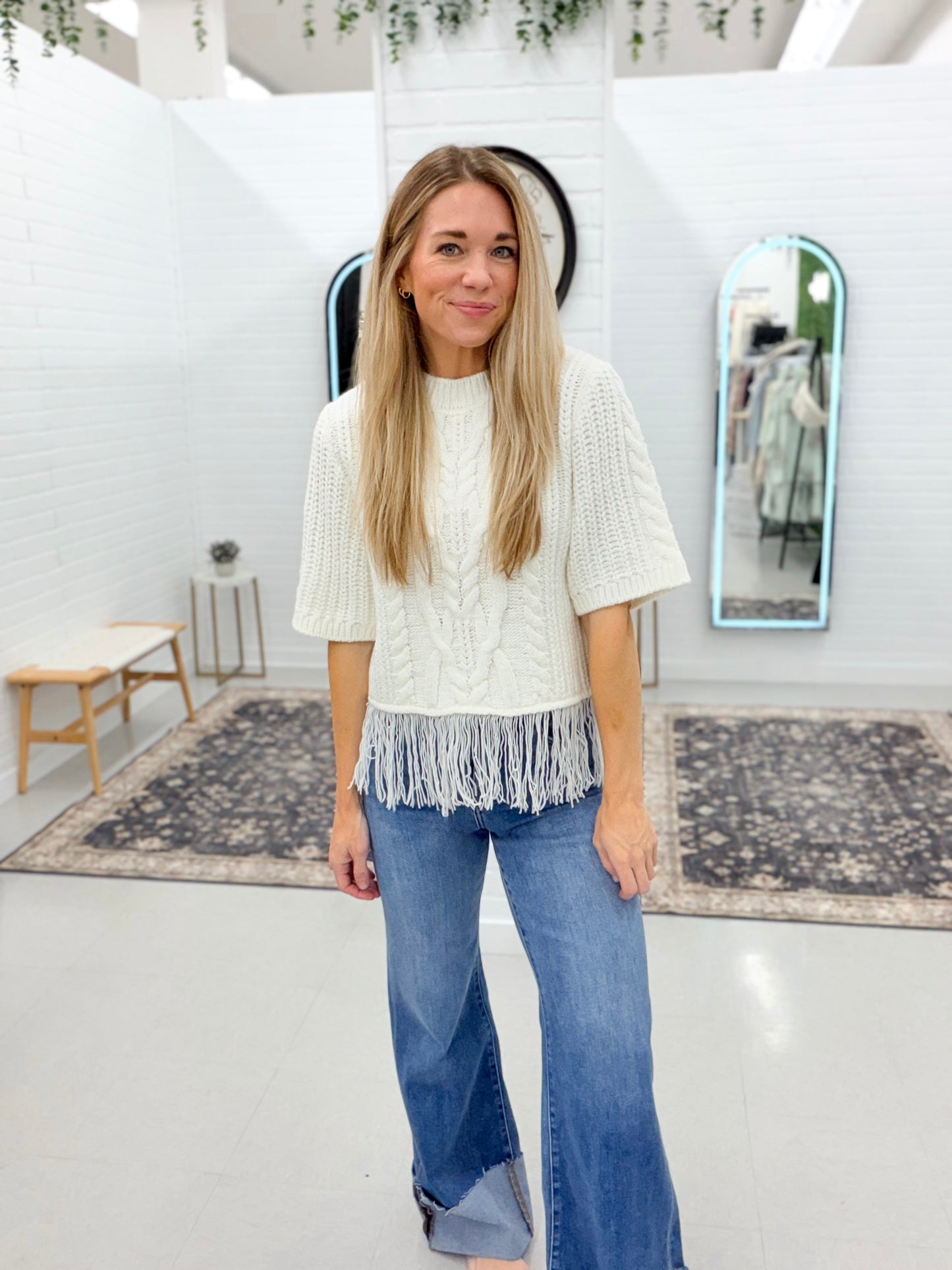 Feeling Famous Cable Knit Fringe Hem Sweater Cream