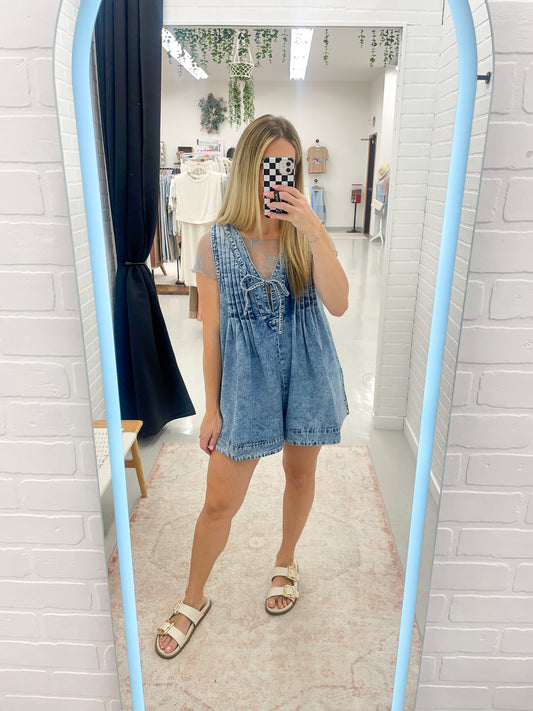 Earned Her Way V-neck Sleeveless Denim Romper Acid Wash