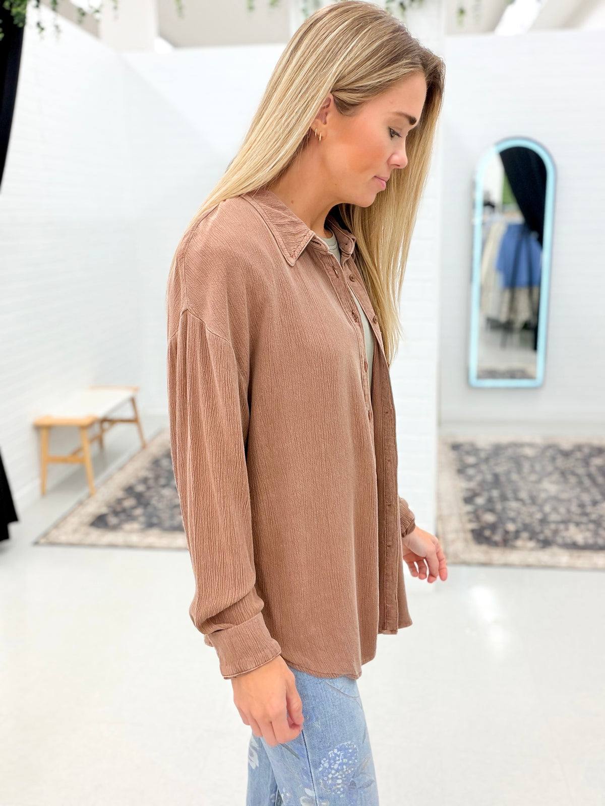 In Motion Long Sleeve Washed Button Down Mocha