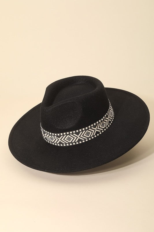 Gigi Western Boho Pattern Fedora Hat Black