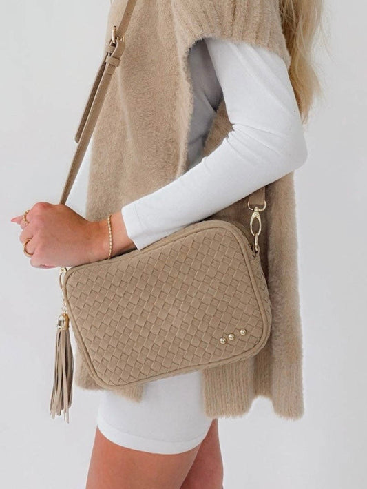 The Willow Woven Suede Crossbody Bag Taupe