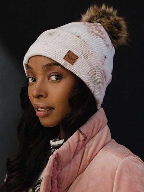 White and Brown Tie Dye Pom Beanie Hat