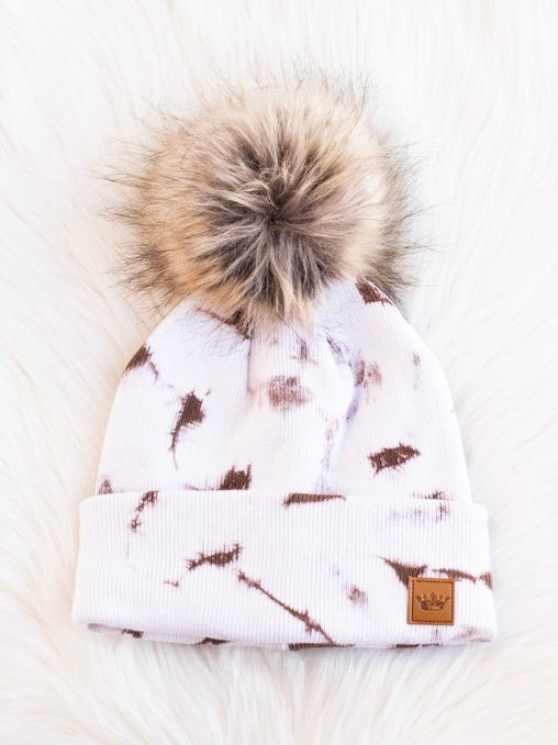 White and Brown Tie Dye Pom Beanie Hat